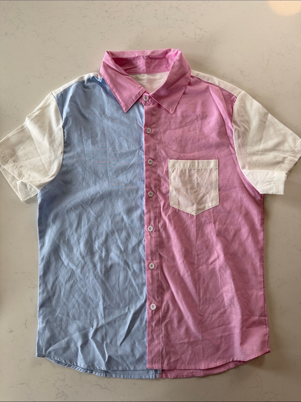 Colorblock Short-Sleeve Button-Down Shirt - Pink & Light Blue